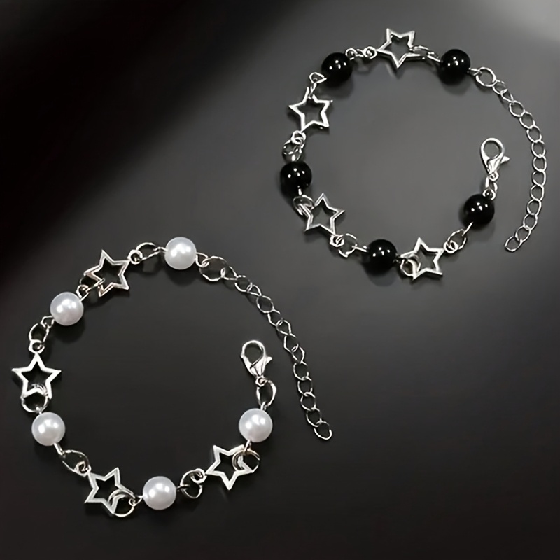 TEMU 2 pulseras para pareja de cuentas de estrella hueca Y2K, cadenas de estrella de perlas de plateadas, negras y blancas, adornos para , joyería