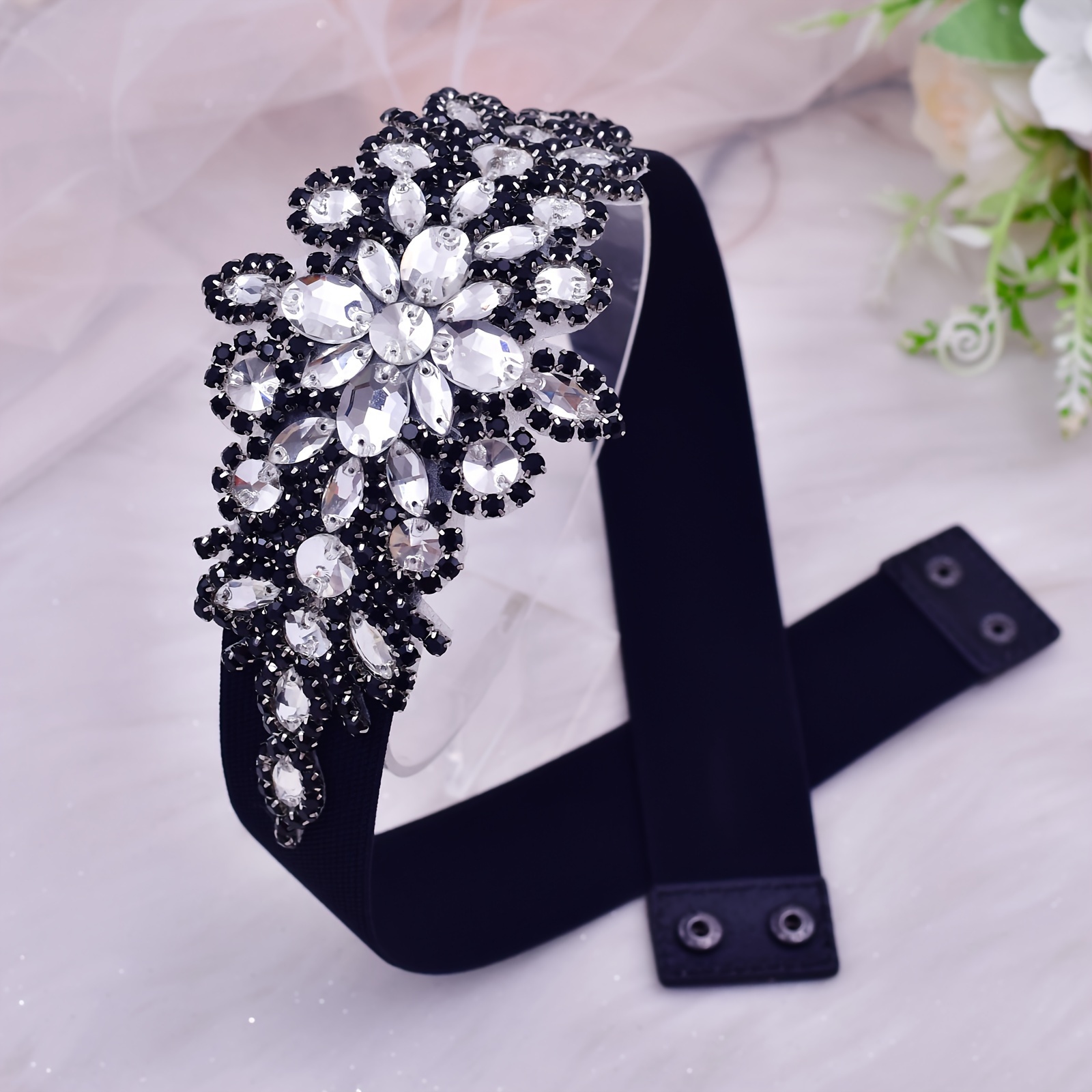 

Elegant Black Waistband With Sparkling Glass Rhinestones - Chic Stretch Belt For Dresses, Casual Sweaters, And Coats For Women - Parties, Evening Events, And