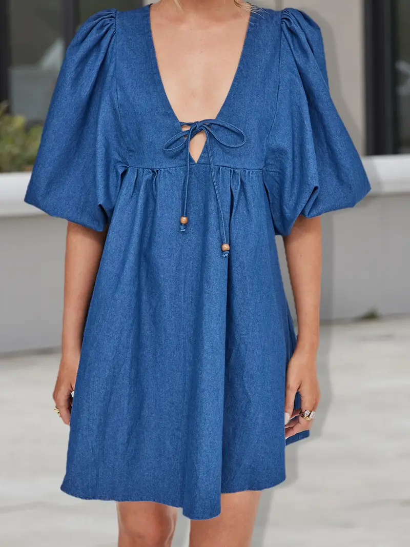 womens vintage denim dress puff half sleeves deep v neck - Temu womens vintage denim dress puff half sleeves deep v neck - Temu