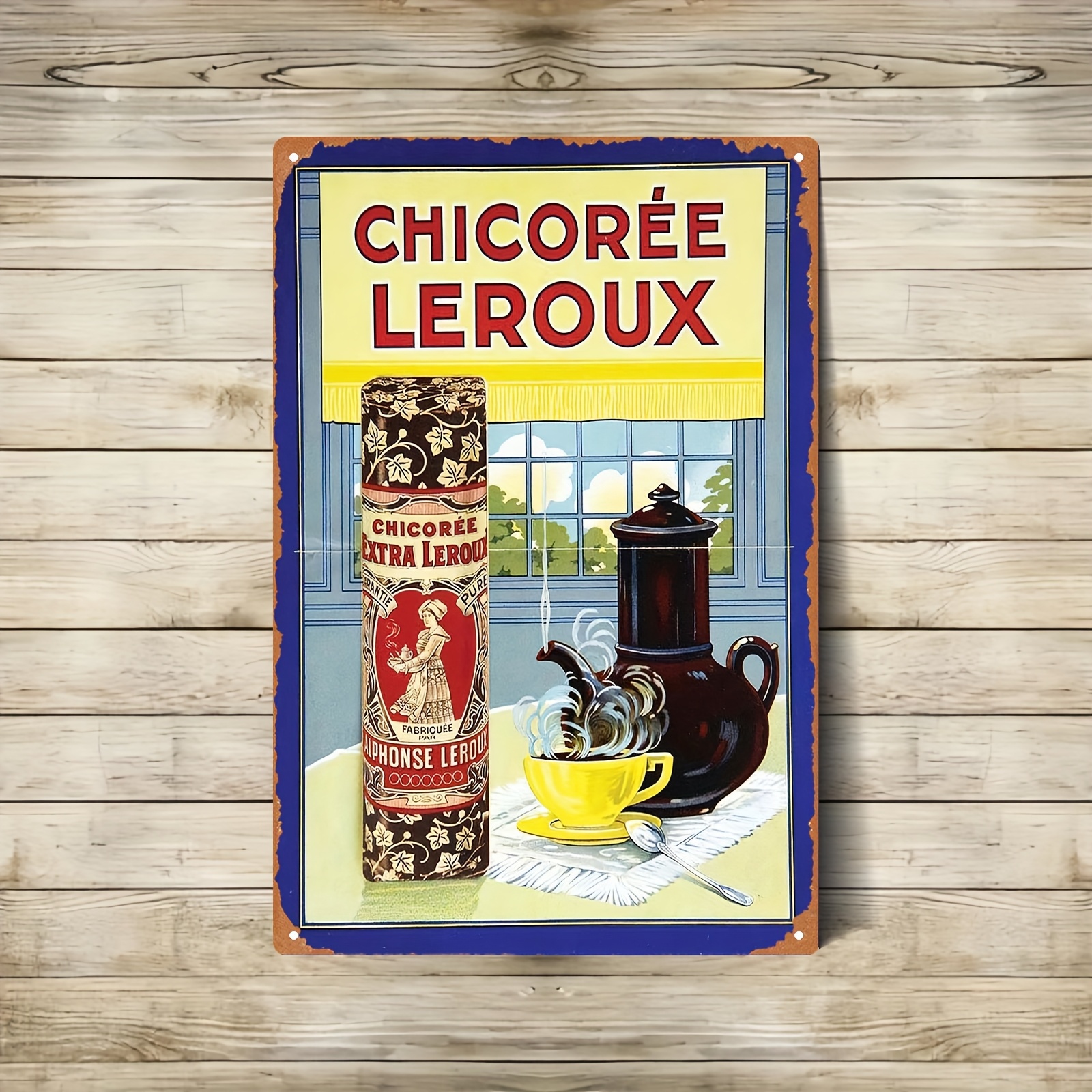 TEMU Panneau Métallique Décoratif Rétro Français Plat 2D - Art Mural Café Vintage avec Design Leroux Boîte de Thé et Théière, Plaque Métallique