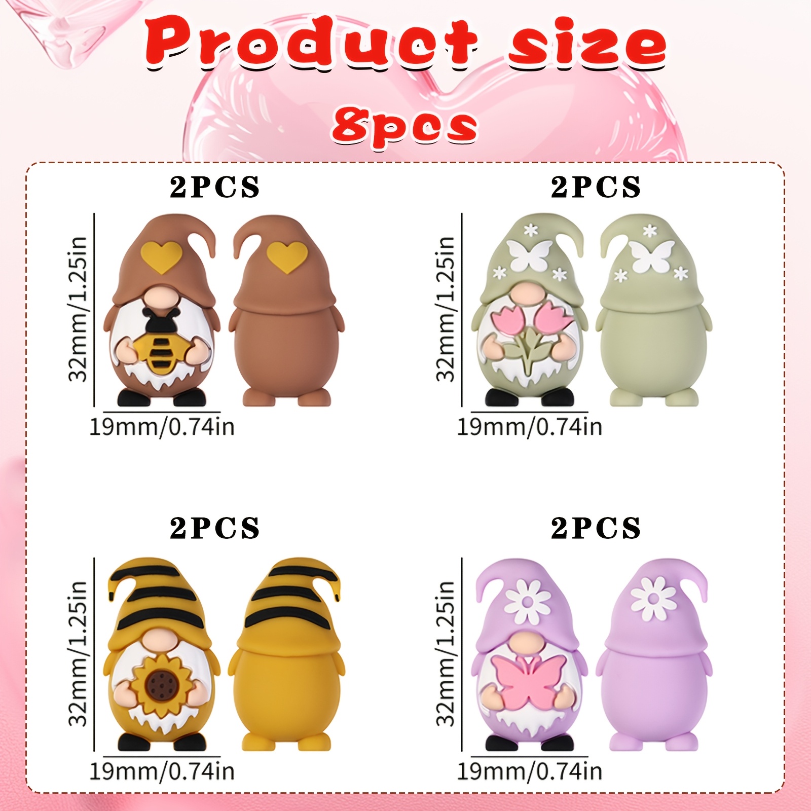 Image of 8pcs 3d Gnome Silicone Beads For Pens, Featuring Spring-themed Designs Like Sunflowers, Daisies, Butterflies, Tulips, And , Perfect For Crafts