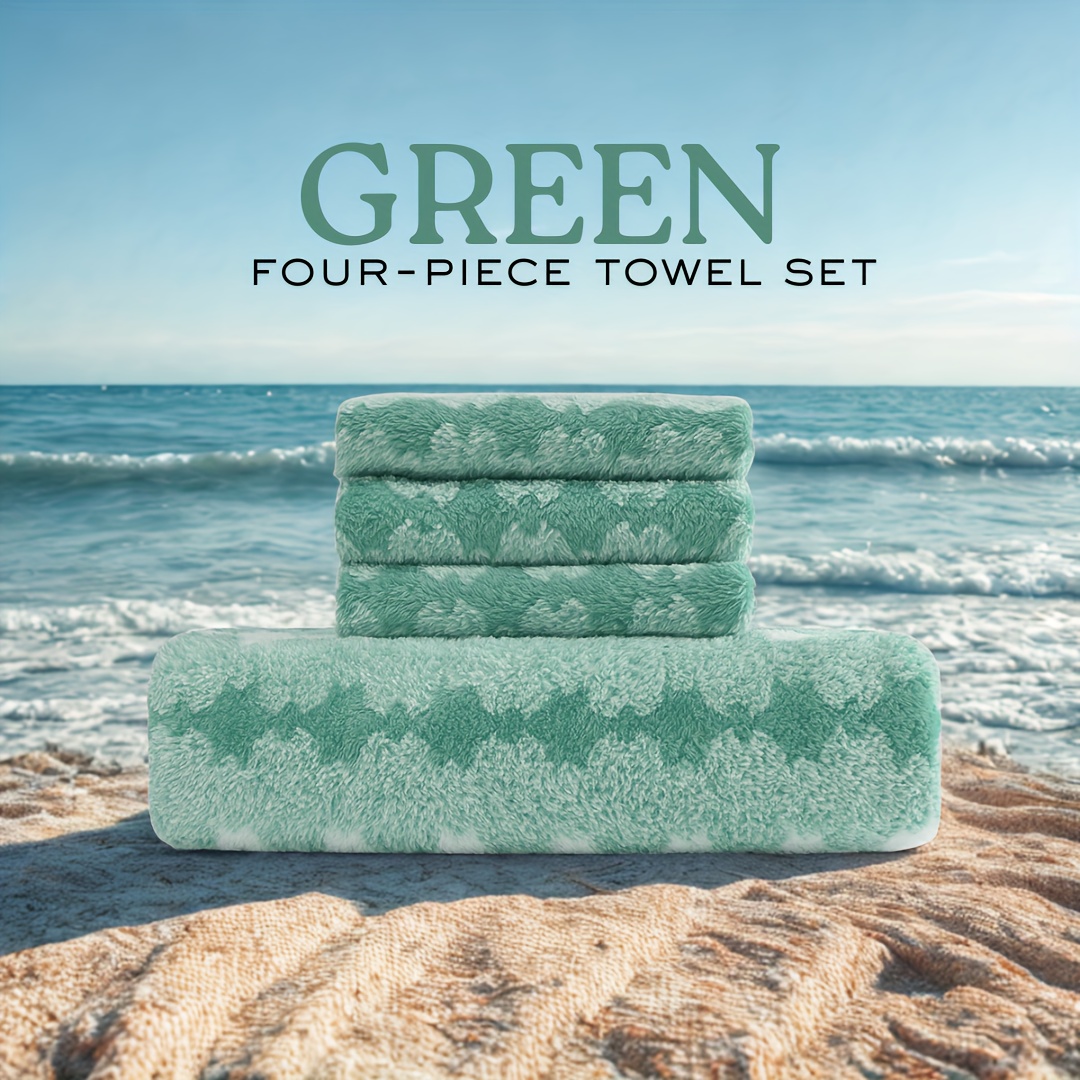 Image of 4pcs Bath Towel Set - 1 Extra Large Bath Towel (180x90cm | 71x35.5in) And 3pcs Hand Towels (35x35cm) - Colorful Pattern - Soft, Absorbent Perfect For Home, Hotel, Pool And Beach Use