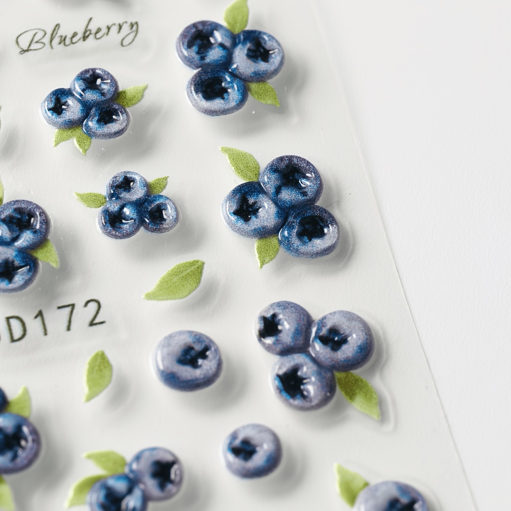 Image of 5d Embossed Fruit Nail Art Stickers Blueberry Nail Decals 2pcs Cute Blueberry Leaf Spring Summer Nails Design Adhesive Sticker Manicure Sliders Accessories For Diy Women Nail Art Decorations