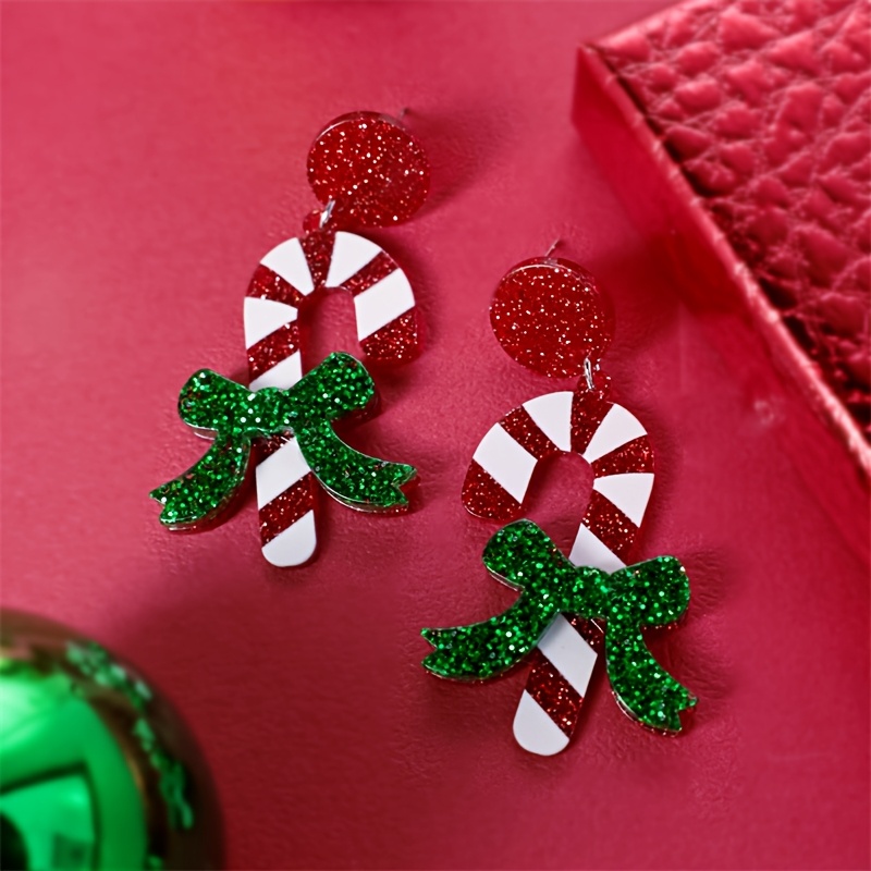 

1 Pair Vintage Christmas Candy Cane Earrings, Acrylic Glitter , Nickel-free Alloy Post, Holiday Jewelry For Women, Parties And Gifts