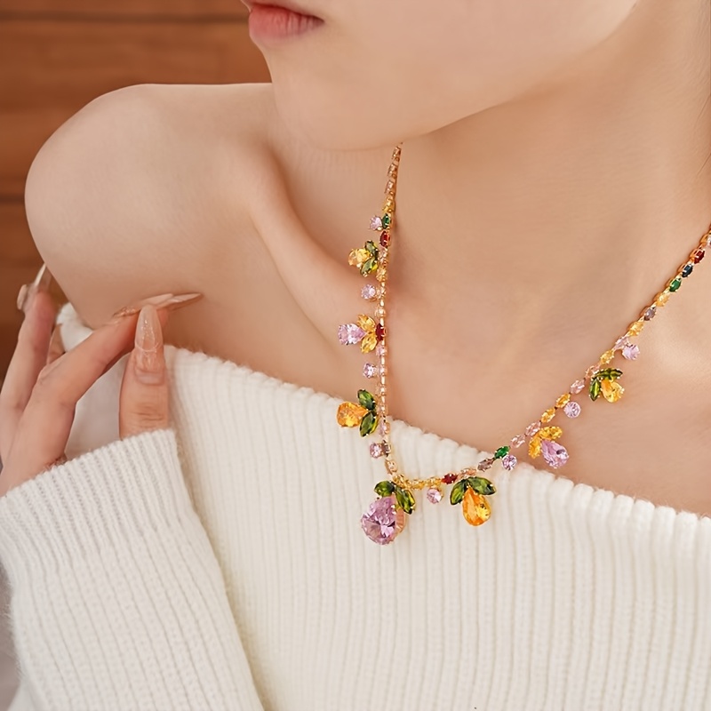TEMU Collar con colgante de de agua, hoja y flor colorida, elegante y lujosa cadena de clavícula de moda, adecuado para fiestas de mujeres, fiestas y