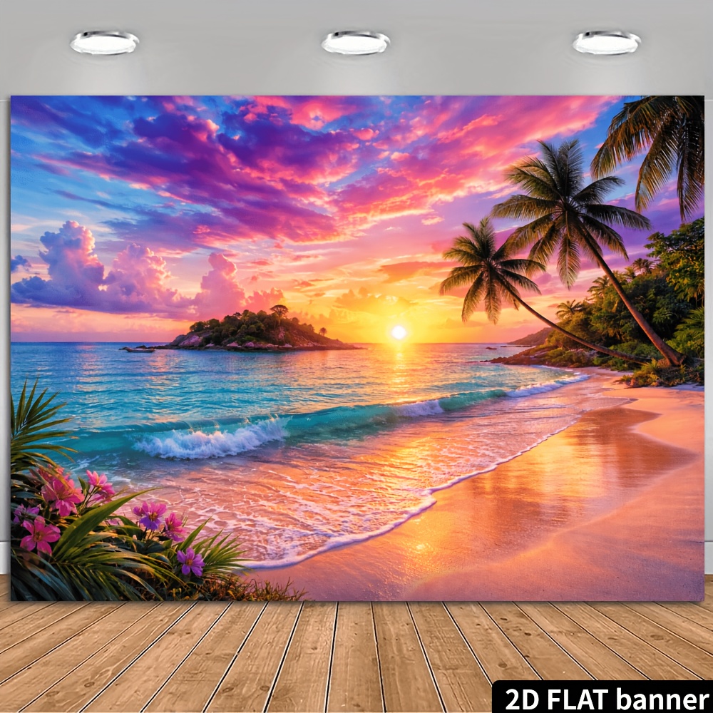TEMU 2d Flat Tropical Beach Sunset Theme Backdrop, Island , Includes Coconut Trees, Ocean Waves And Beach, Sunset And Evening Sky, , Island Scenery,