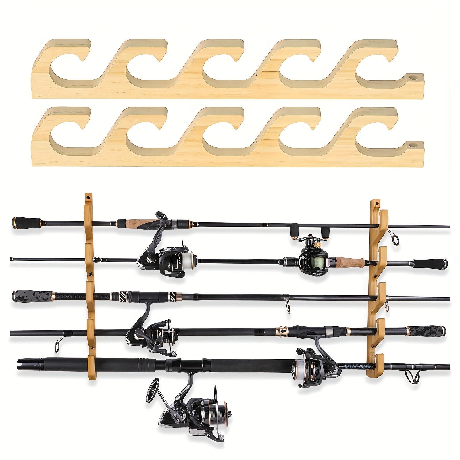 

1set Wooden Fishing Rod Holders - Wall/ceiling Mount, Vertical Or Horizontal Storage For 5 Rods