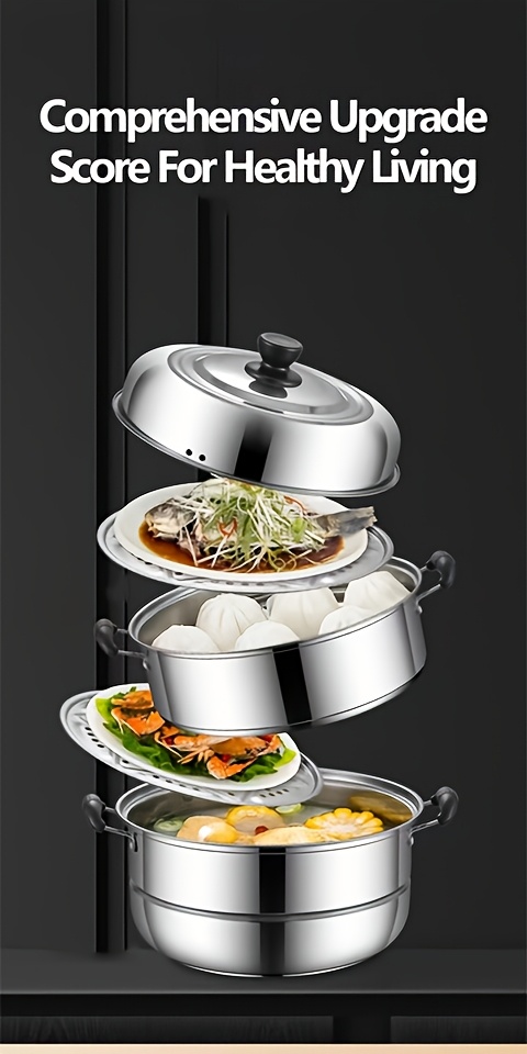 versatile 3 tier stainless steel steamer set with lid   bread   compatible with induction gas stoves   cookware electric stove soup pot cooking essentials details 3