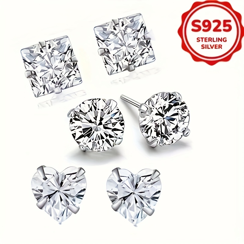 6pcs set 1 5g hypoallergenic s925 silver womens fashion stud earrings with synthetic synthetic zirconia heart and square shapes minimalist   for casual attire or special occasions Product details 2