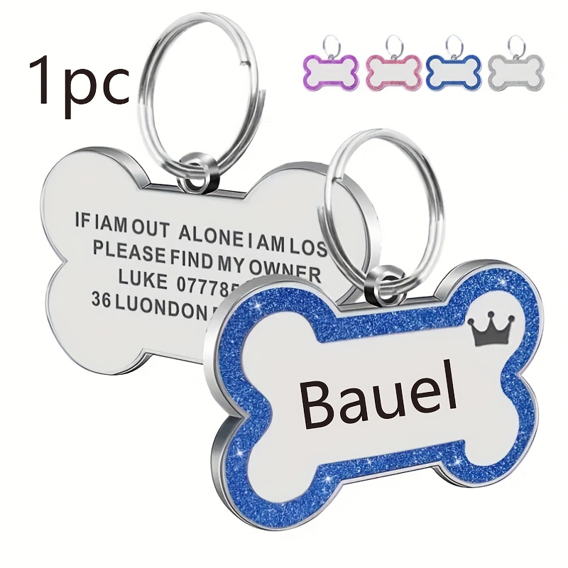 1pc Personalized Glitter Dog Tag - Custom Engraved Bone ID Tag with Name and Text, Pink Sparkle Surface, Paw Print Design, Perfect for Dog Collars & Leashes