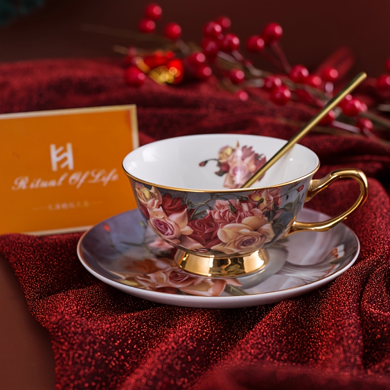 6pcs elegant floral ceramic coffee cup and saucer set with 2 dishes 2 cups and 2 spoons ideal for afternoon tea perfect gift for friends and lovers hand wash only round shape suitable for coffee shops and dessert shops coffee bar accessories Product details 5