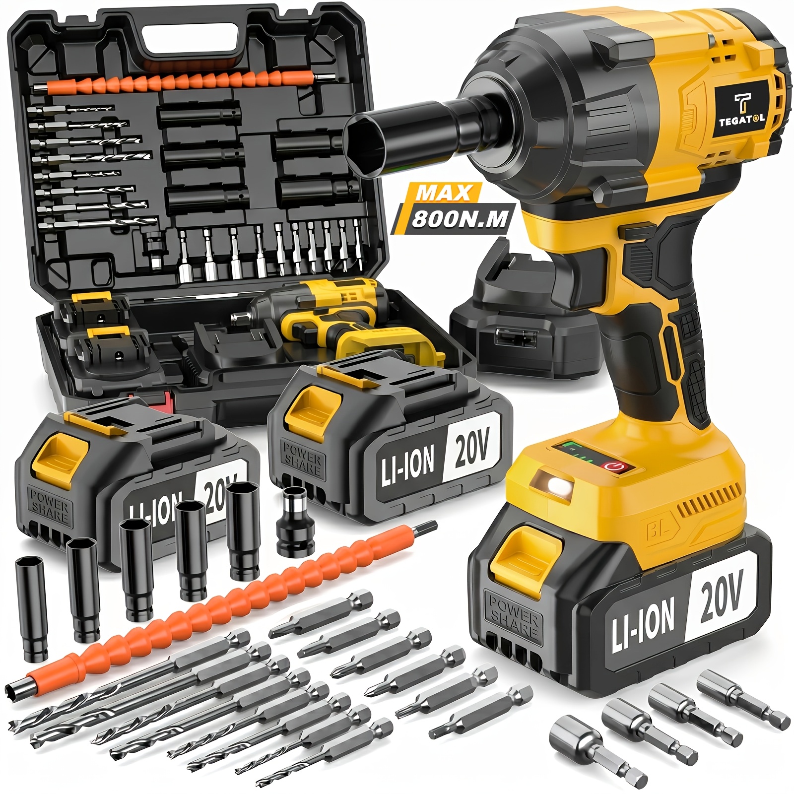 TEMU 20v High-torque Impact Wrench, 3-in-1 Heavy-duty Impact Wrench, 800 N.m , High-efficiency Brushless Motor, Led Lighting, With Sockets, Drill