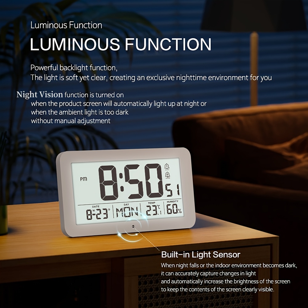 USB Powered 9 Inch Large Digital Wall Clock Temperature Humidity Week 2 Alarm Auto Dimmer Snooze 12/24H DST Desk LED Alarm Clock – Buy The Best Products In The Online Store