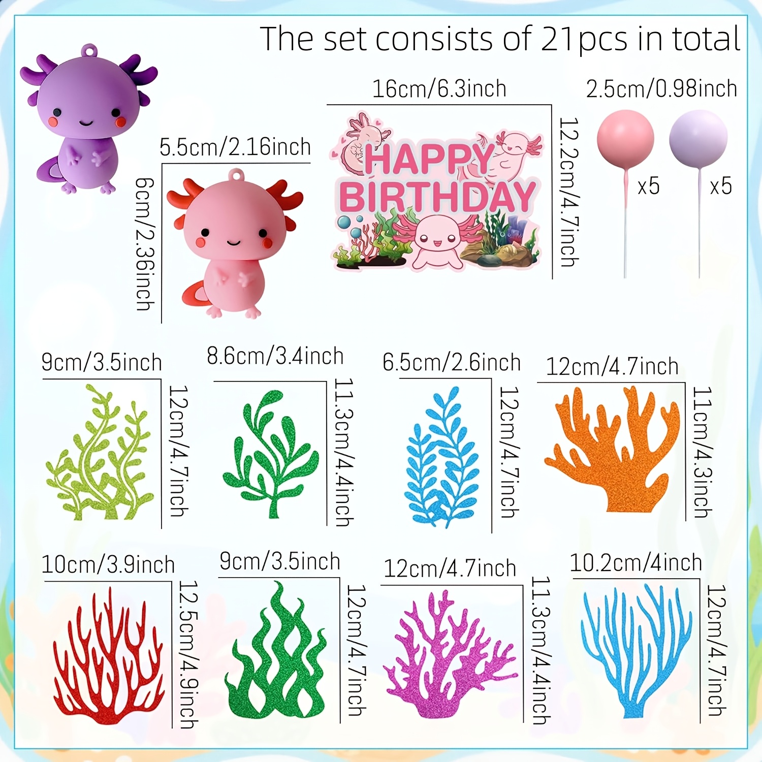 Image of Laventy 21pcs/12pcs Figurine Cake Toppers Ocean Theme Cake Decorations Cute Axolotl Themed Birthday Party Decorations Under The Sea Cake Toppers Gender Reveal Party Supplies