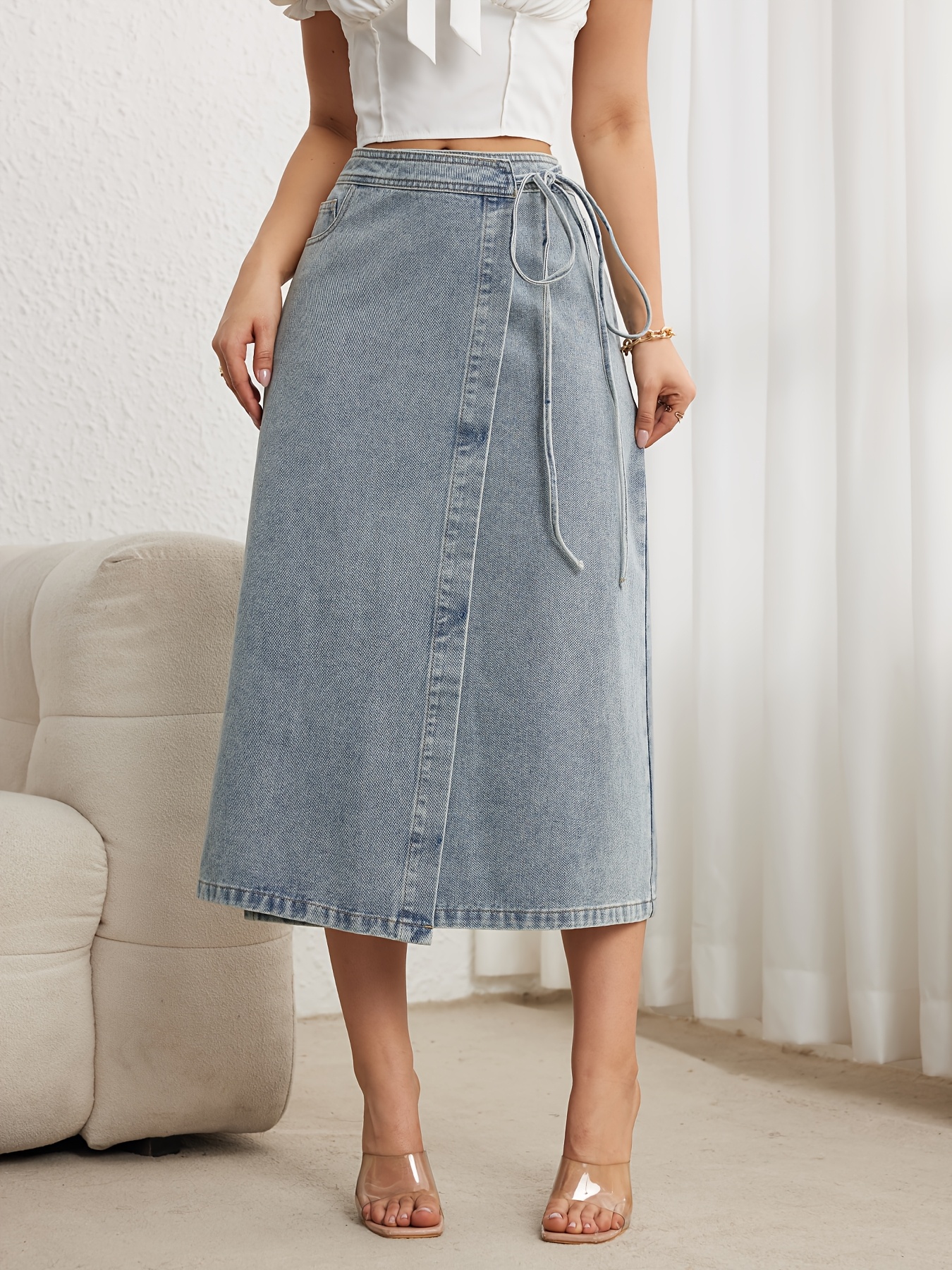 Women'S Elegant Denim Wrap Skirt with Side Tie Loose Fit,  Vintage-Inspired Asymmetrical Midi Skirt, High Waist, Non-Stretch Fabric,  Light Blue,