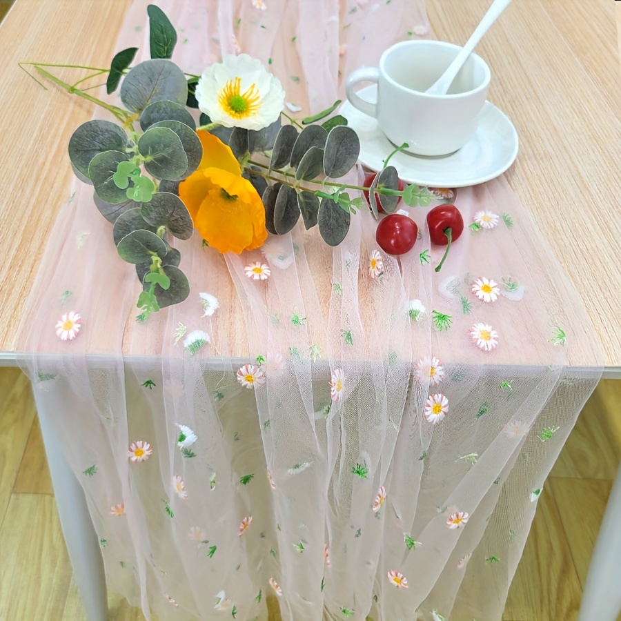 

1pc, Translucent Grid Fabric Table Runner, Rural Small Fresh Style Flower Pattern Embroidered Table Runner, Suitable For Bedroom, Tv Cabinet, Living Room, Wedding