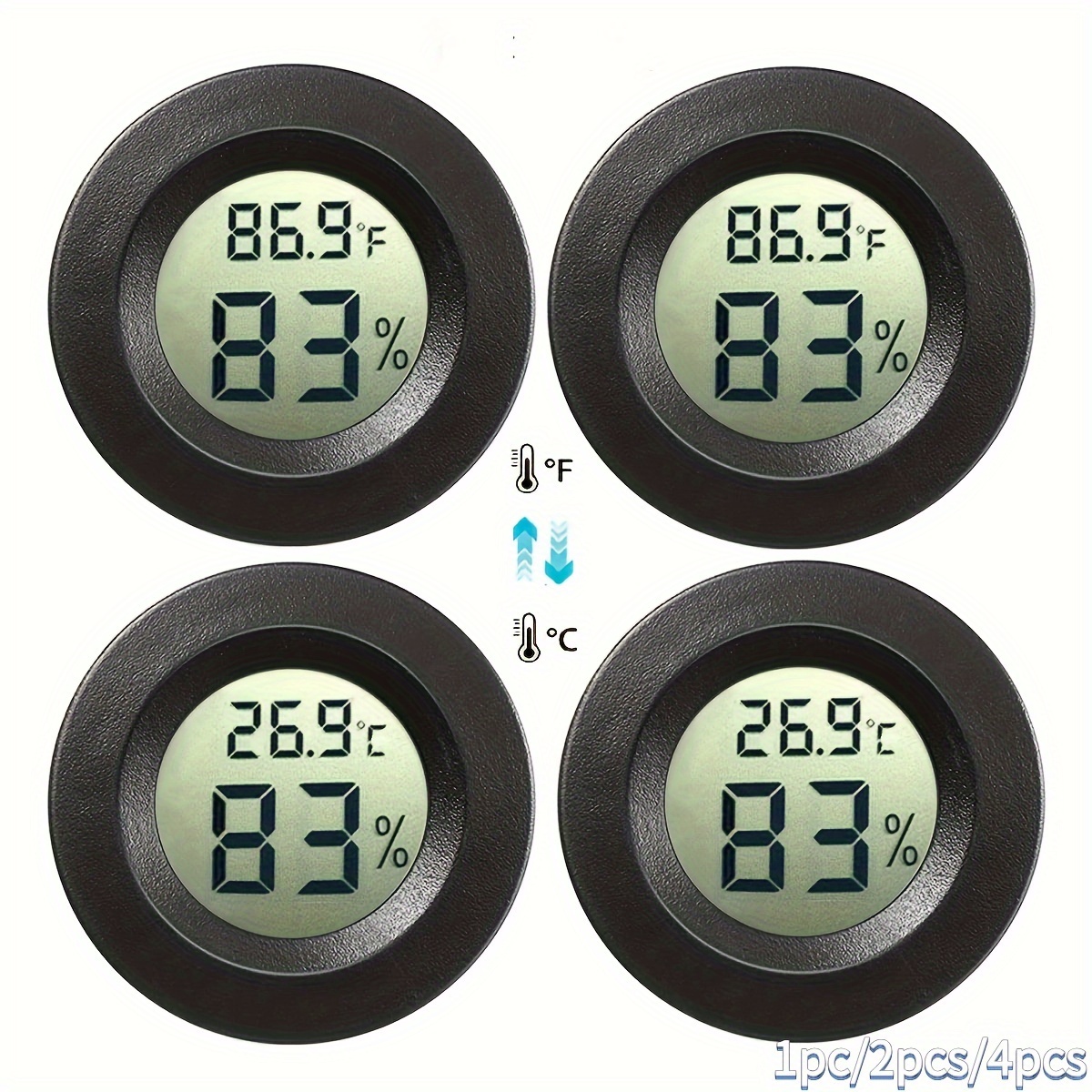 1 2 4pcs mini digital thermometer hygrometer   celsius round indoor temperature humidity gauge large lcd display for   reptile humidifier office garden 1 7 inch diameter