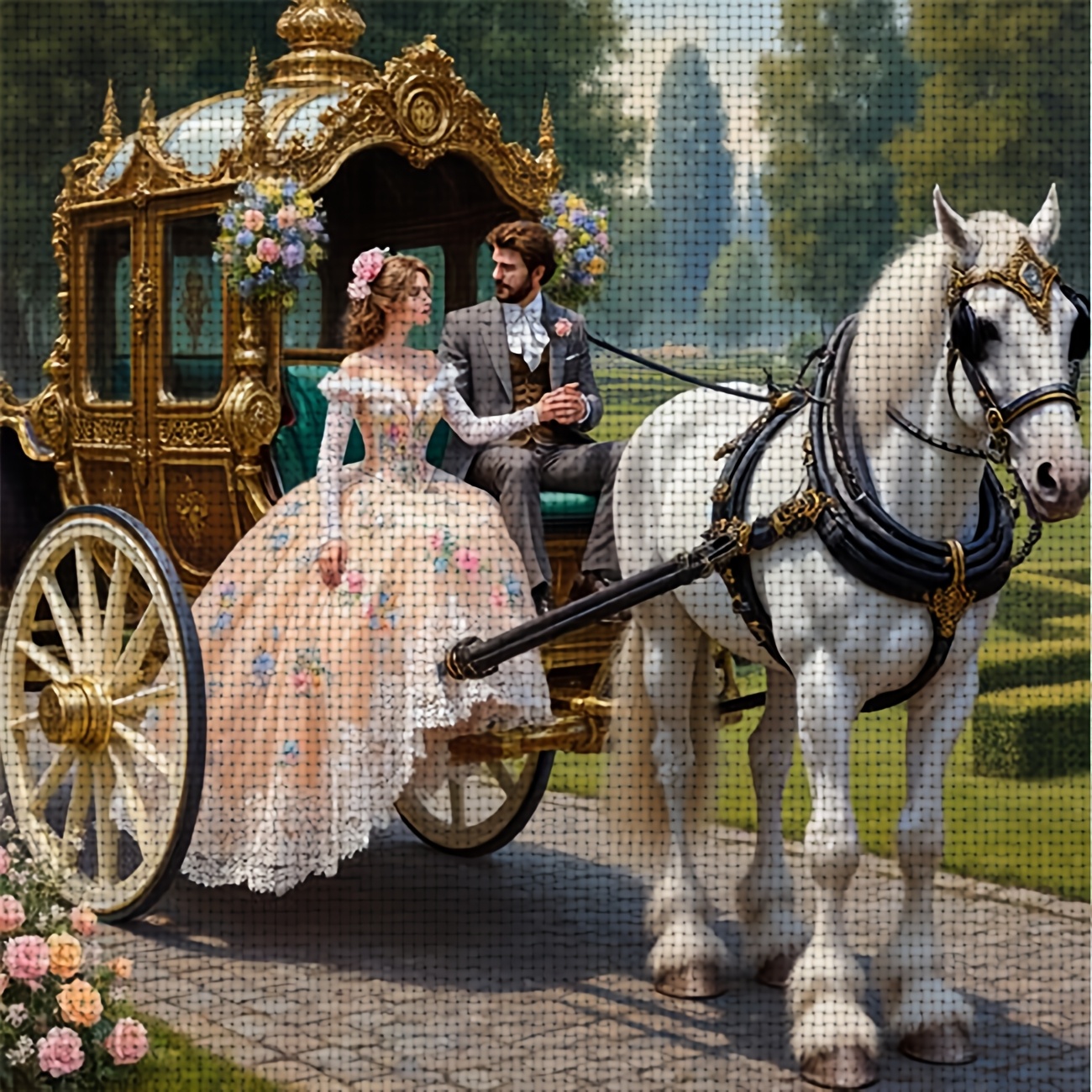 TEMU Un kit d'impression de point de croix cadre, avec le motif "Couple dans une voiture dorée à ", est parfait pour les débutants qui peuvent