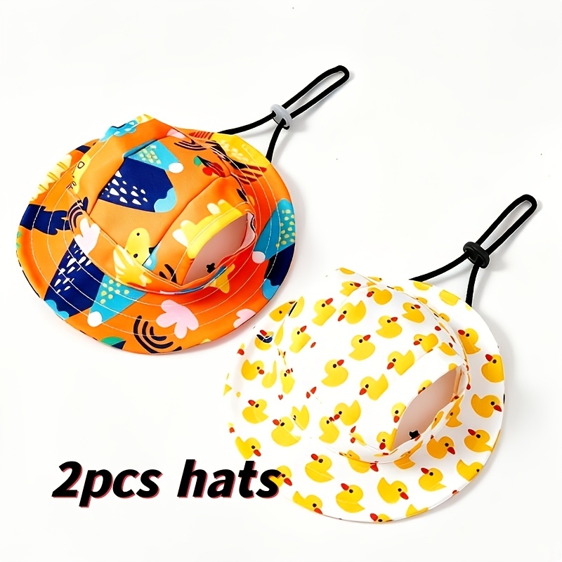 TEMU 2pcs Dog Bucket Sun Hat With Ear Holes, Adjustable Chin Strap Cute Printed Pet Hat Summer Outdoor Sun Protection For Small Dogs Cats
