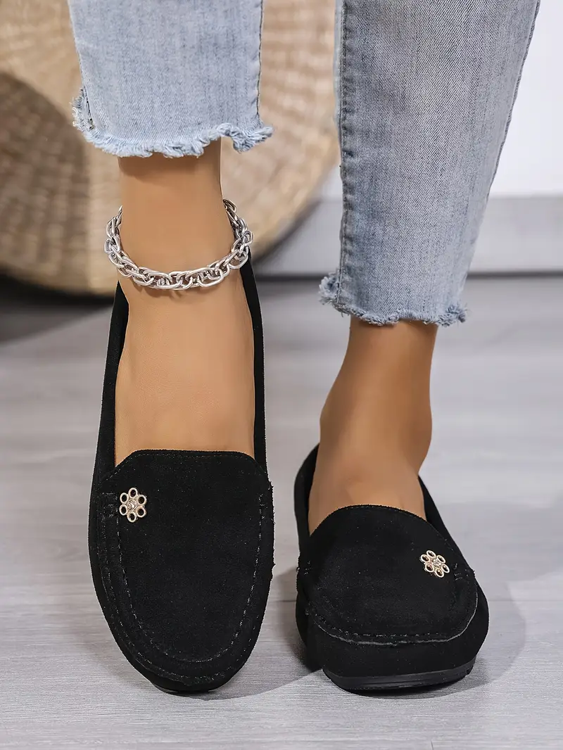 womens plus size flannel slip on loafers comfortable metal decor soft fabric footwear ankle strap plain toe design hand washable fashion loafers flannel slipon shoes comfortable footwear details 1
