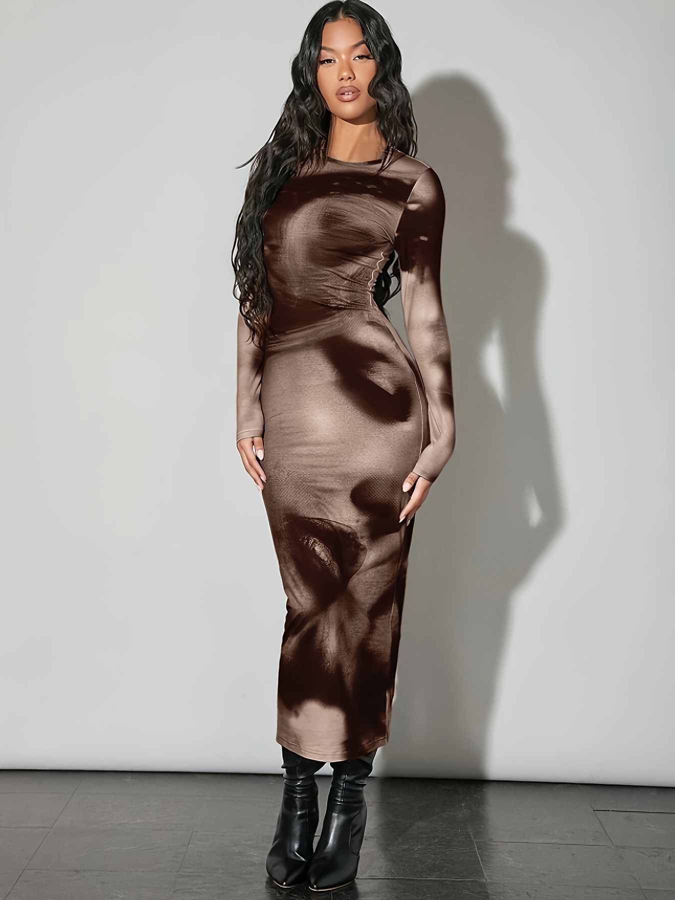 brown tie dye dress long sleeve Brown Abstract Bodycon Dress Long Sleeve Square Neck Mesh