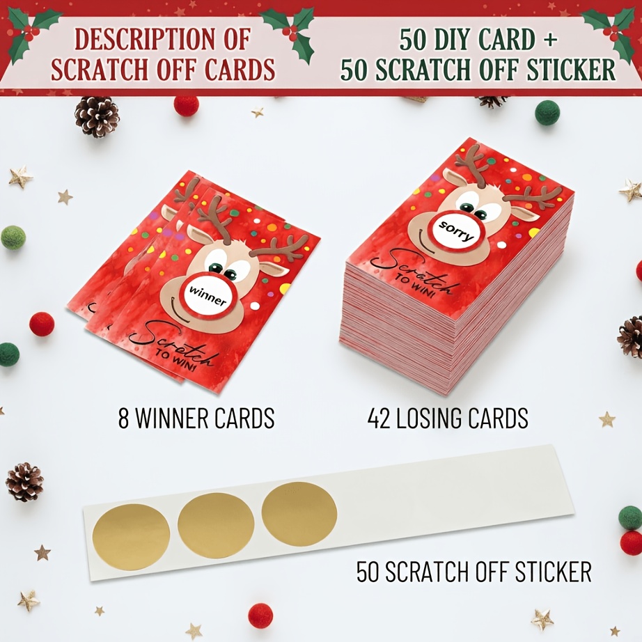 TEMU 50pz Carte e Natalizie "", con un Design a Tema Renna per un'Esperienza di Vincita Sorprendente. per Uso con Regali di Natale, Biglietti della