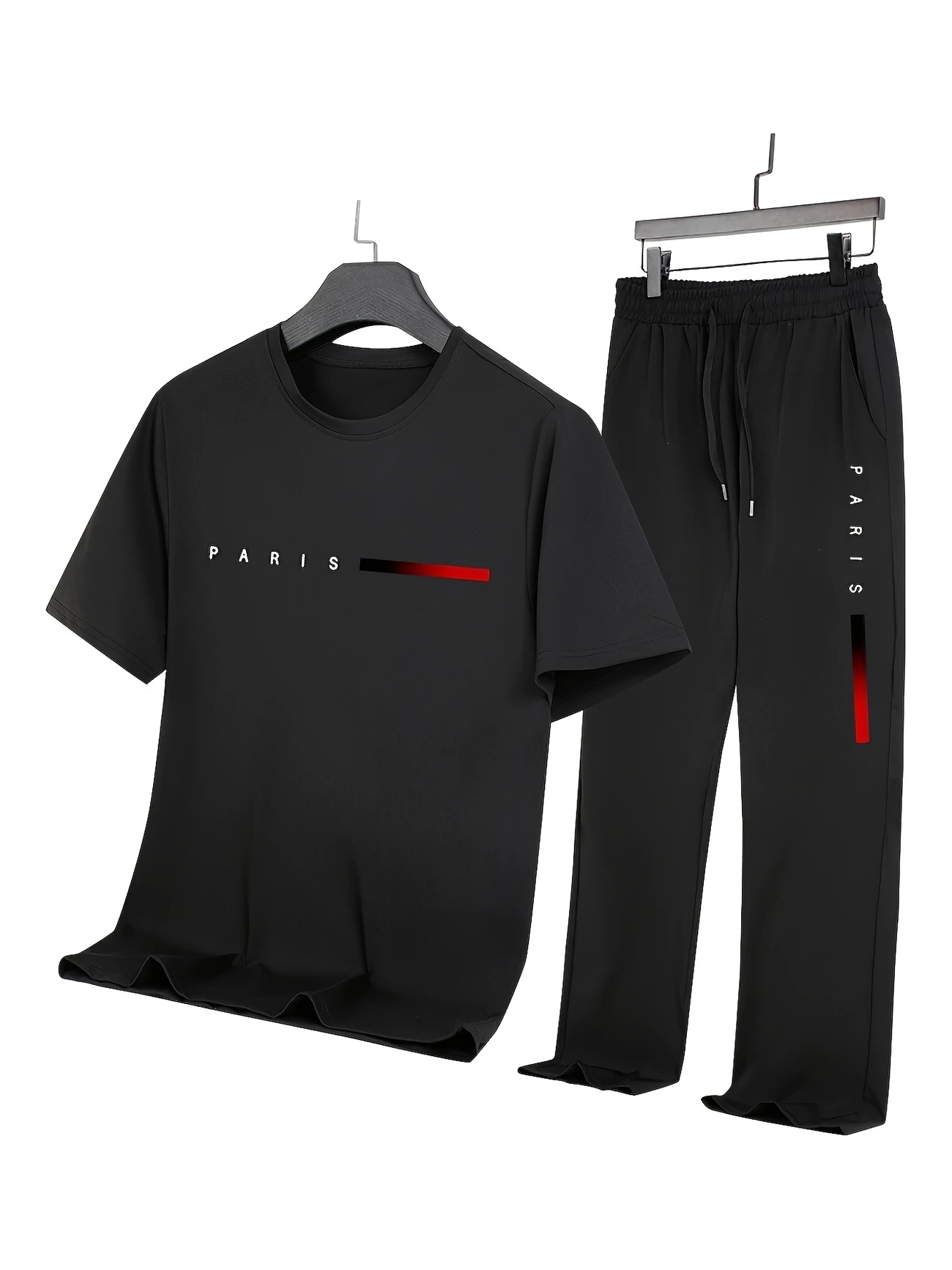mens casual sports two piece set short sleeve top straight leg pants with paris print fashionable and trendy ideal for summer parties casual and everyday wear short sleeve top print trousers details 30