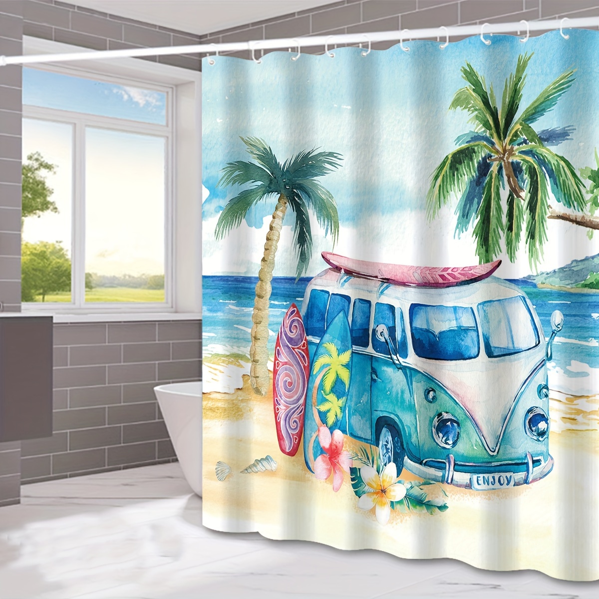 

1pc Beach Surfboard Bus Print, Waterproof With Hooks, Bathroom Partition Hanging Curtain, Bathroom Accessories, Home Decor