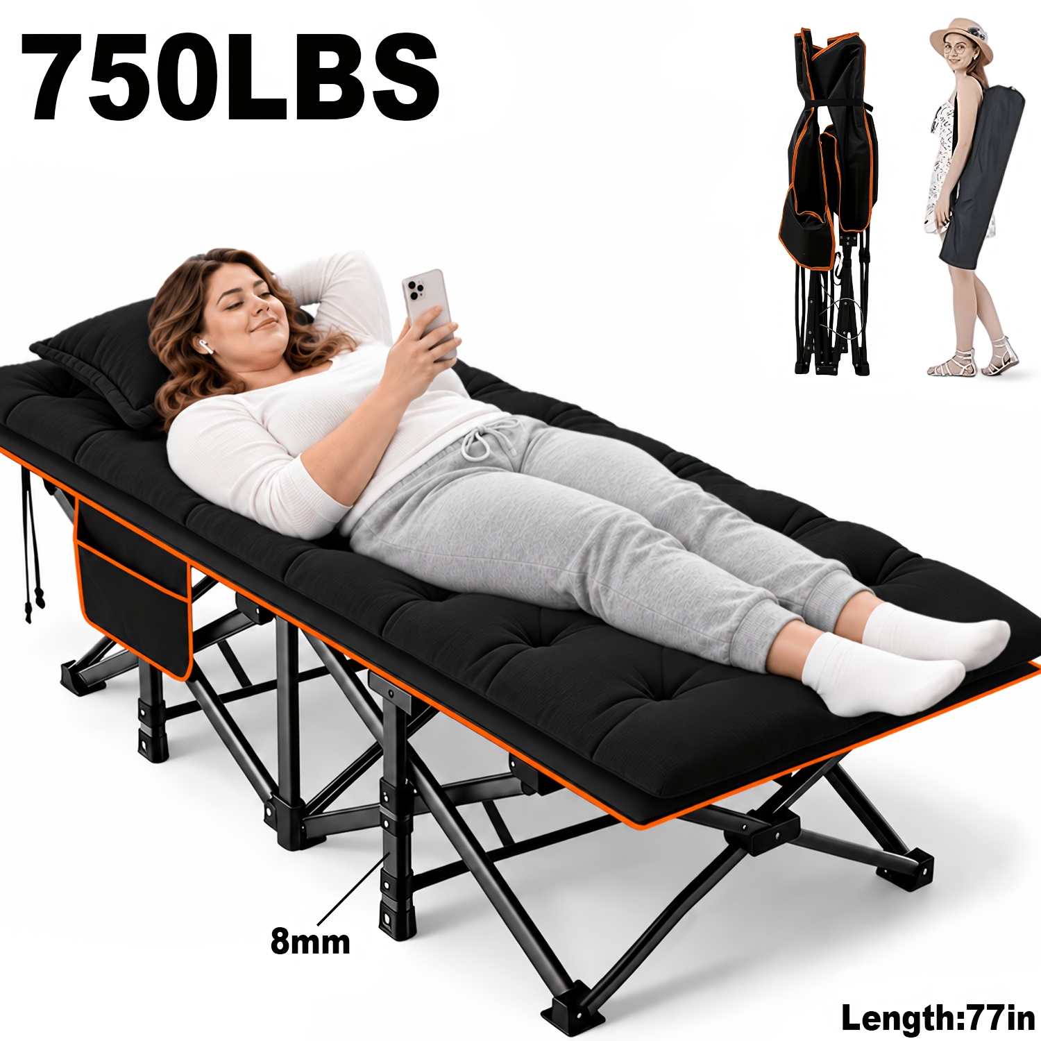 TEMU [comfortable Folding Bed] 77/75/73/59in Thick Oversized Folding Bed, Optional Mattress, Used As Camping Bed, Portable Bed, Sofa Bed, Guest Bed,