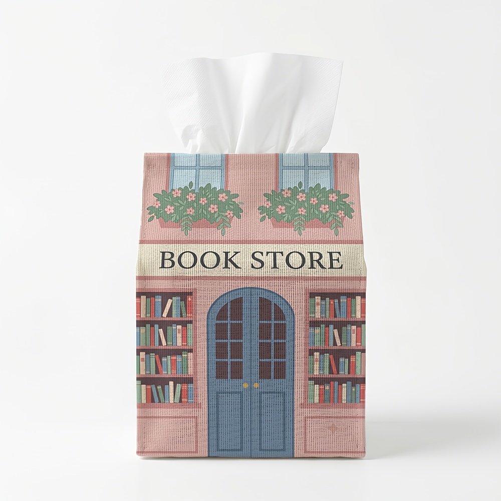 TEMU 1pc Kawaii Cozy Pastel Decorative Tissue Box Holder "book Store" Floral Window Canvas Organizer With Neat Stitching, Elegant Accessory For