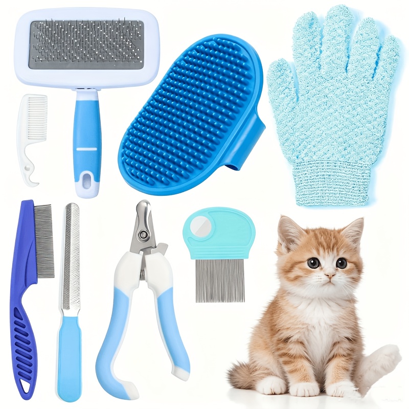 TEMU 8-teiliges Haustierpflege-Set, Nagelknipser, Flohkamm, Shampoo-Bürste und Pflegehandschuh für Katzen, Hunde, Kaninchen und Kleintiere, einfache