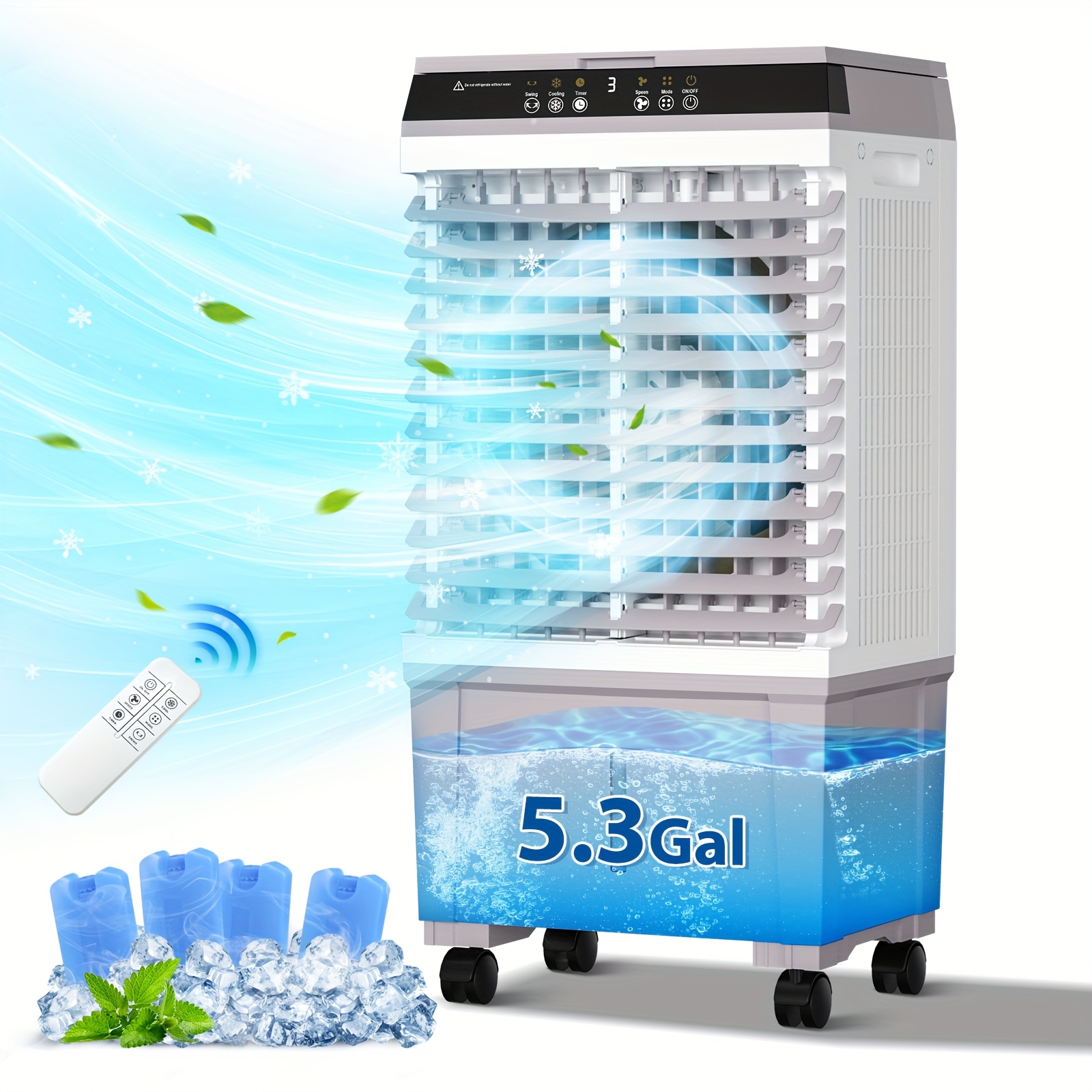 TEMU 1800 Cfm Portable Evaporative Air Cooler With Remote Control, 5.2 Gallon Large Water Tank, 3-speed Cooling Fan, Packs – Compact Swamp Cooler For Home, Office, Or Outdoor Use