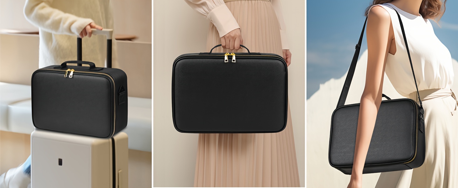 large size travel makeup bag with led mirror with rechargeable three color lighting mirror makeup bag with adjustable divider brush plate long suspenders andluggage strap suitable for travel parties business trips and other occasions details 4