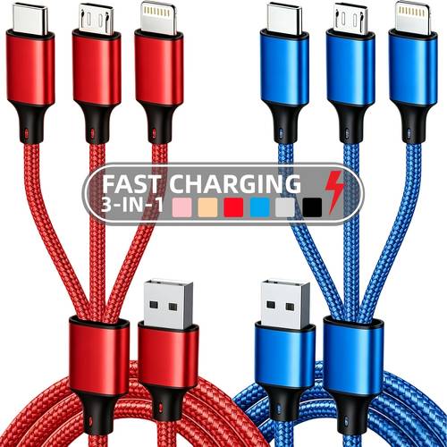2pcs 3 in 1 fast charging cable nylon braided multi function charging cable suitable for iphone type c micro usb devices universal multi interface usb cable suitable for iphone samsung and devices