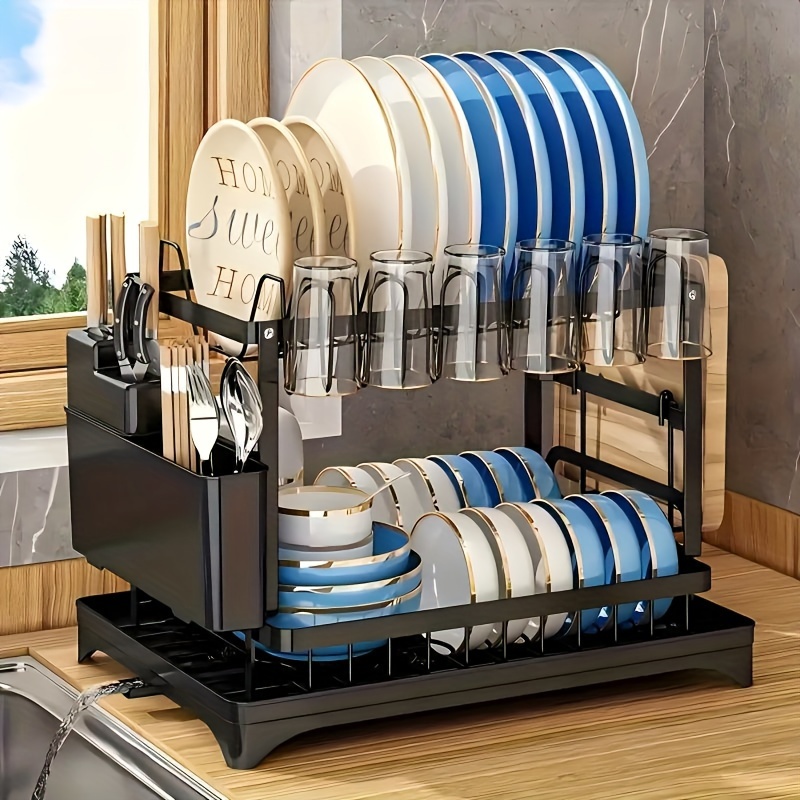 TEMU 2-tier Metal Dish Rack With - Space-saving Kitchen Counter Organizer, Includes Cutlery & Cup Holders, Foldable Design For