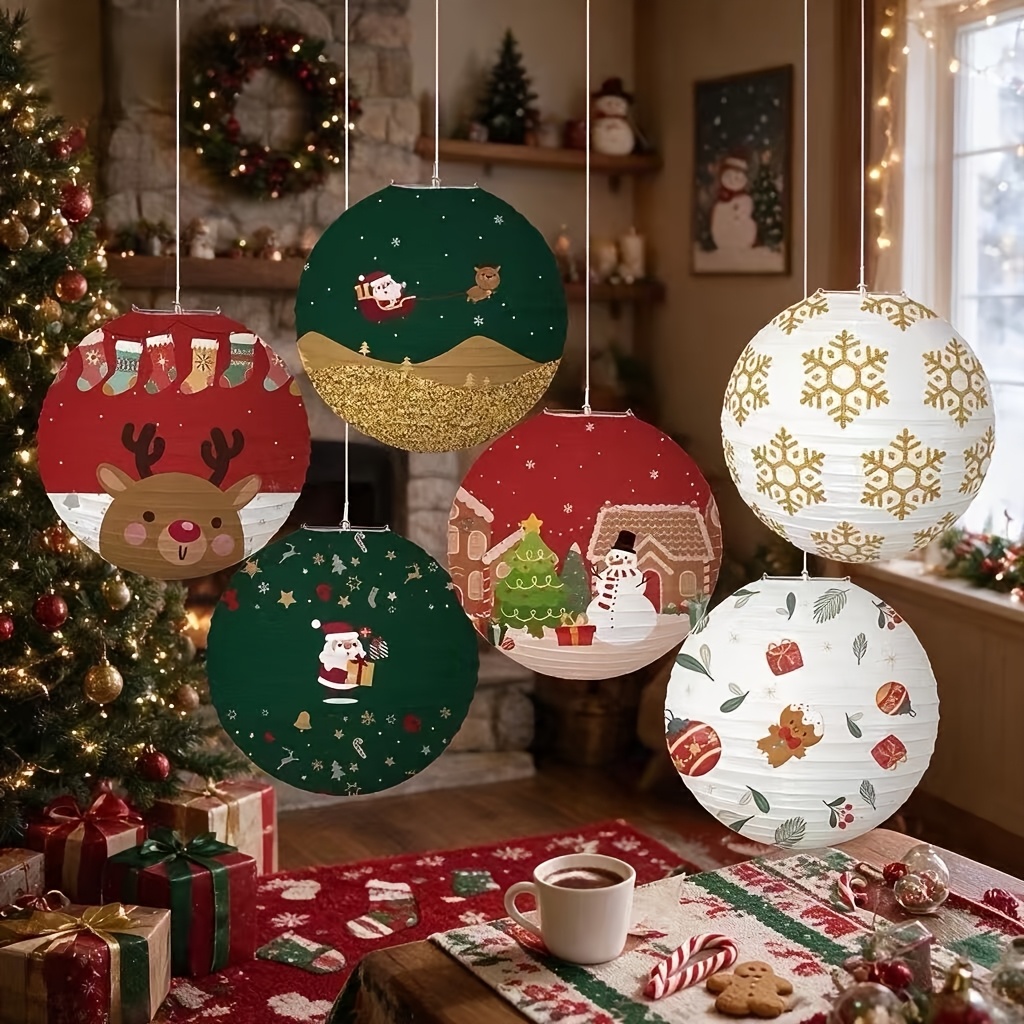 TEMU 6pcs Set Of Christmas Cartoon Paper Lanterns For Malls, Stores, Shop Windows, And Party Atmosphere Decorations, Featuring Santa Claus, Snowman,