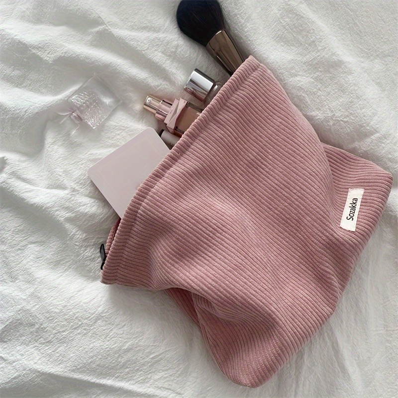 Corduroy Cosmetic Pouch for Women, Large Capacity Zippered Makeup Organizer Bag, Portable Travel Toiletry Clutch, Hand Washable Polyester Material, * *