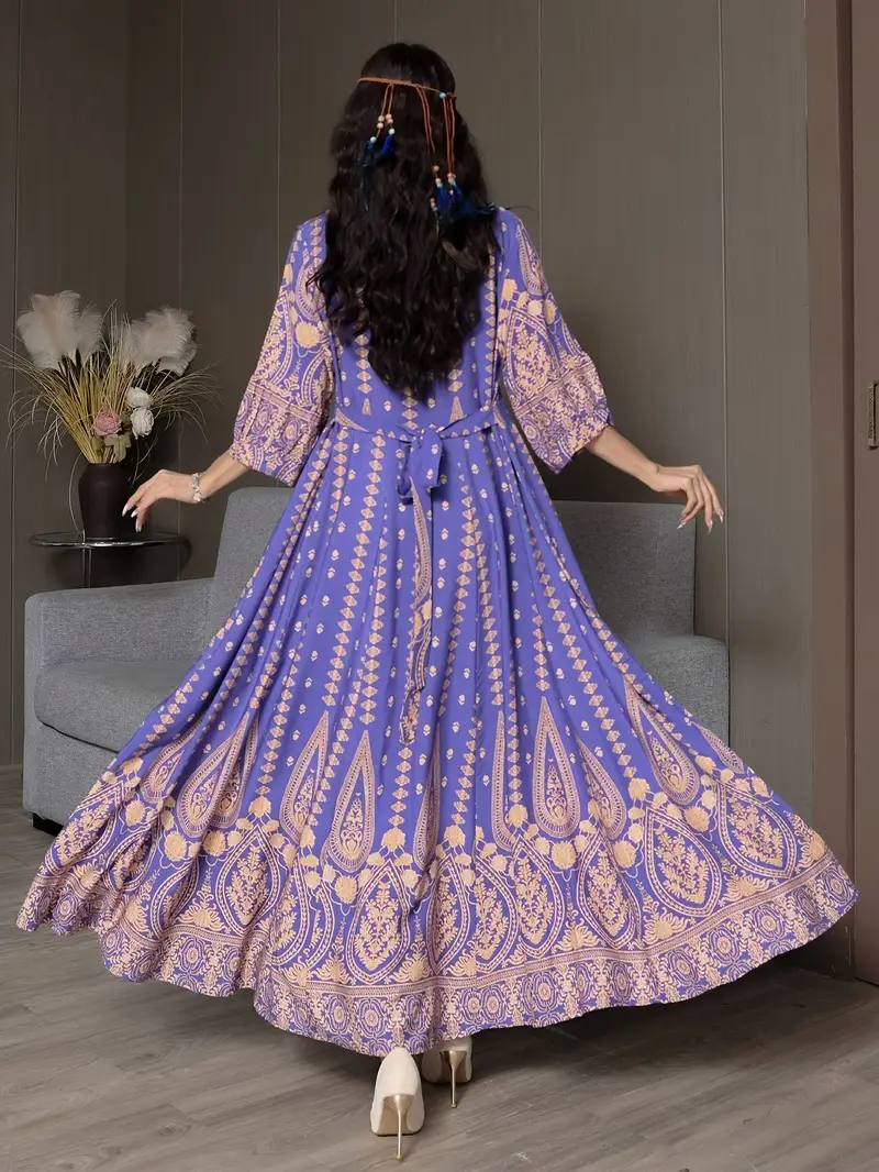 purple dress printed bohemian Indian Purple Floral Block Print Cotton Maxi Dress