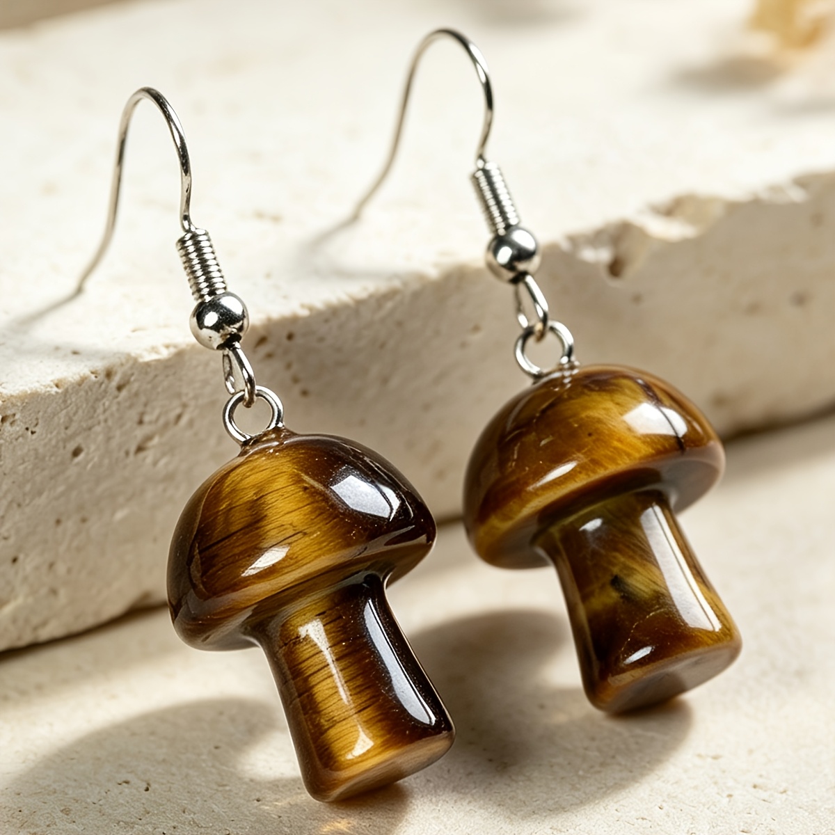 Women's Natural Tiger Eye Mushroom Earrings, Bohemian Style