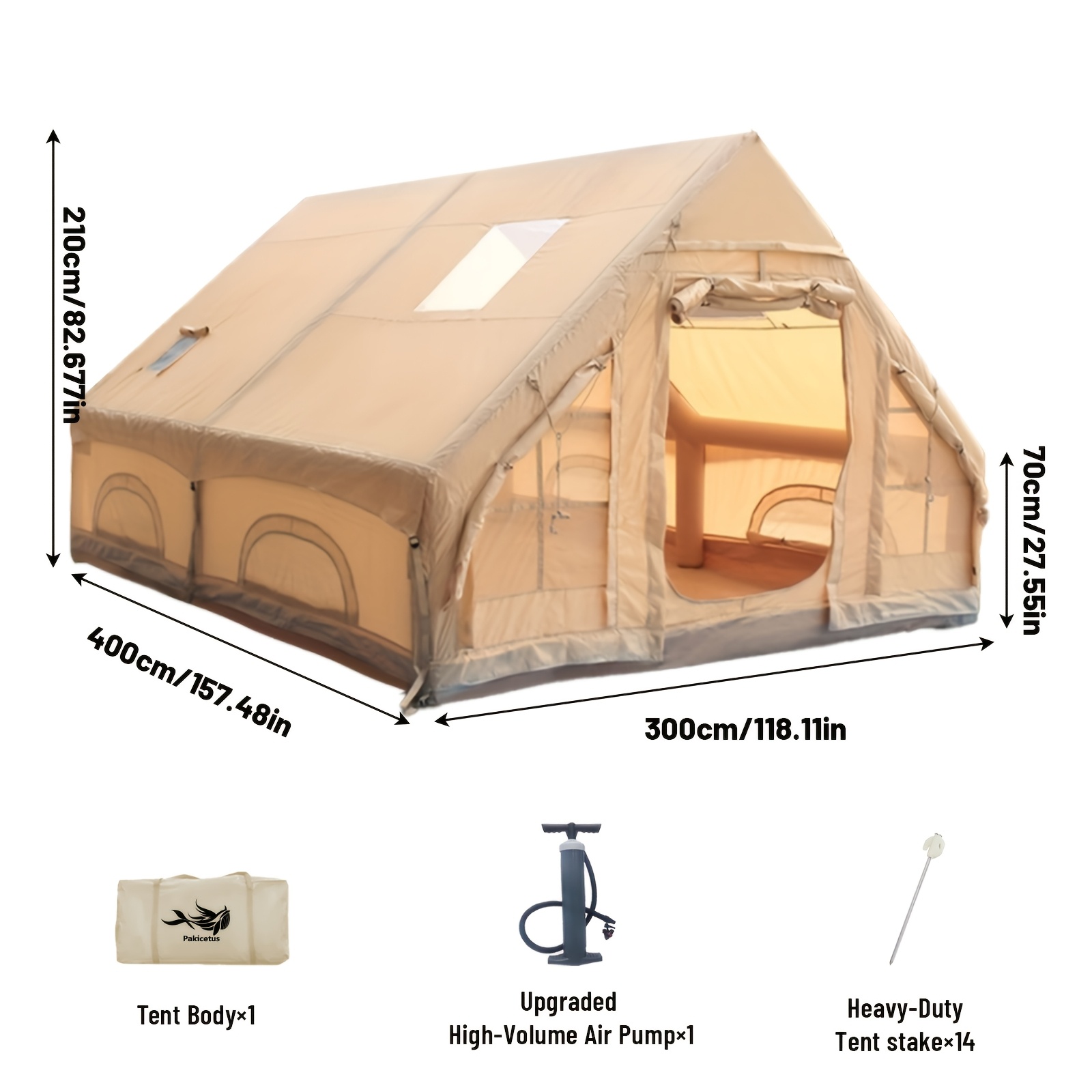 TEMU PAKICETUS Tienda de Aire Familiar para 4-6 , Tienda de Aire Inflable Tipo y con Bomba, UPF 50+ Tienda Inflable Ventilada con Ventanas de Malla y