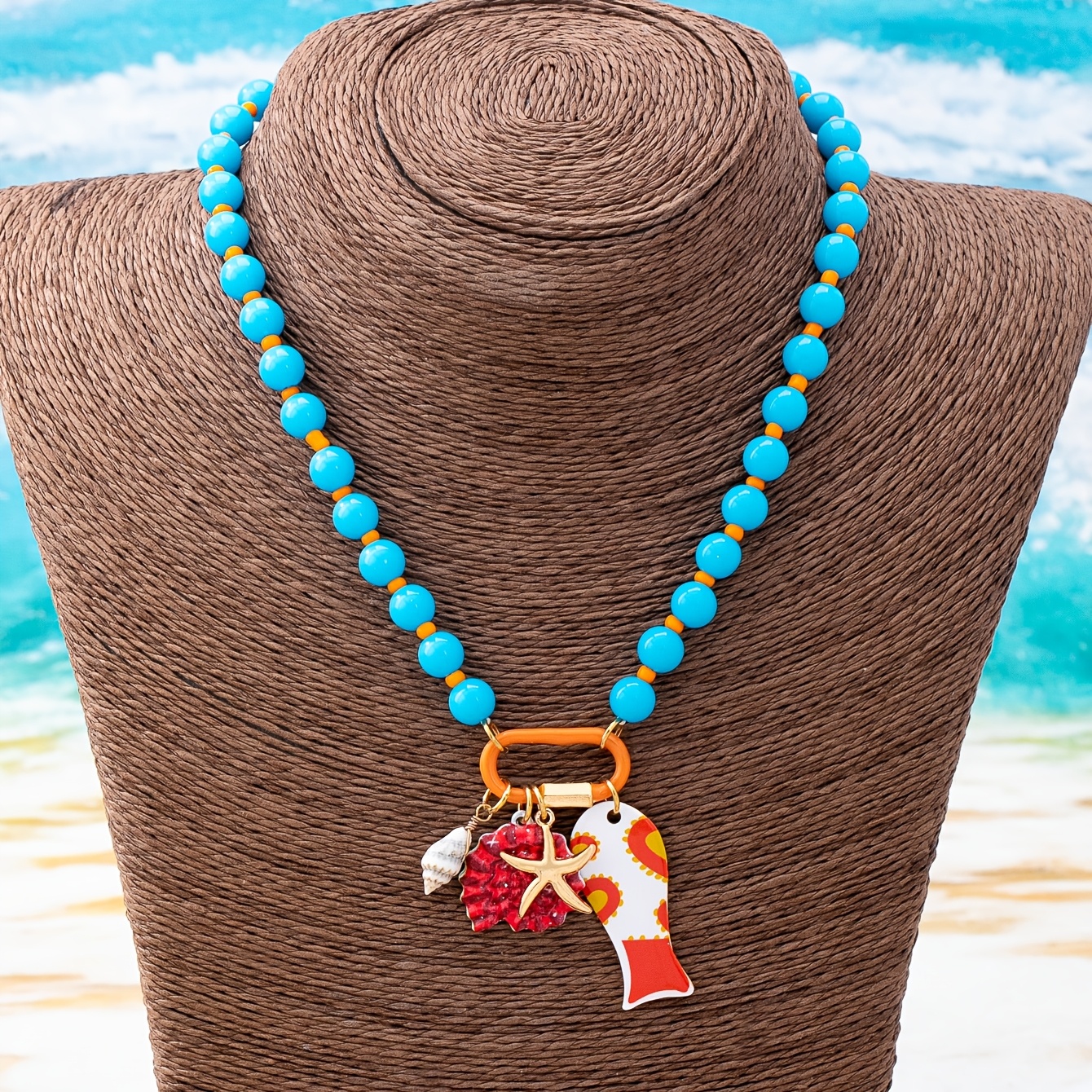 Bohemian Multi-Layered Resin Bead Necklace with Fish & Starfish