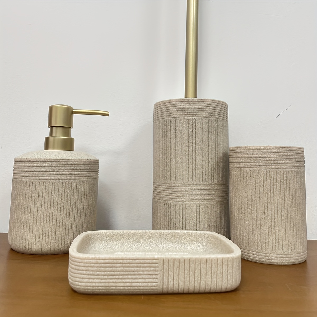 Modern Bathroom Set with Beige & Golden Accents - Includes Soap Dispenser, Toilet Brush Holder, Toilet Paper Holder, and Tray - Elegant Bathroom Organizer for Vanity, Or Bathroom Decor, Vanity Storage, Sleek Design, Durable Construction