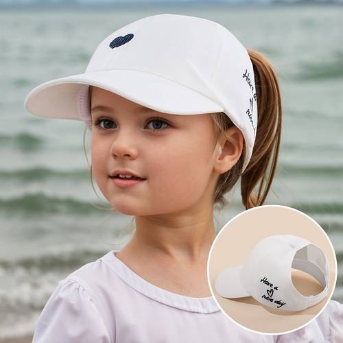 1 adjustable youngsterss spring summer baseball cap with heart embroidery ponytail friendly suitable for daily beach vacations and 3 7 years