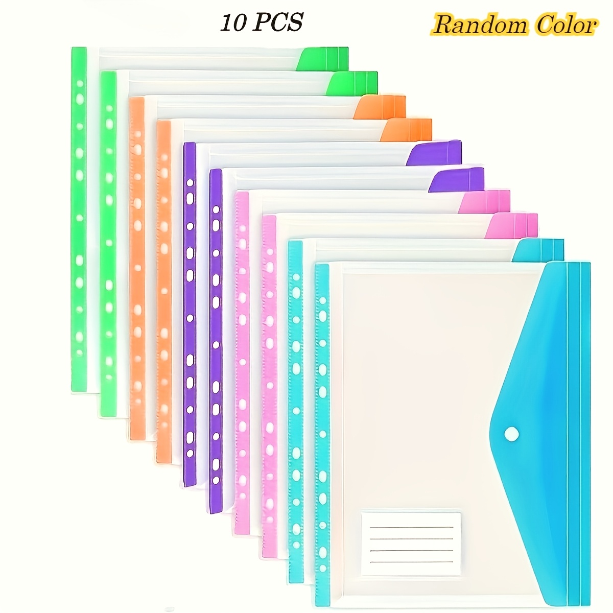 TEMU 5/10pcs A4 High-capacity Loose Leaf File Bags With 11-hole Binder Rings, Random Colors, Modern Pp Material, Expandable Button And Label Pockets