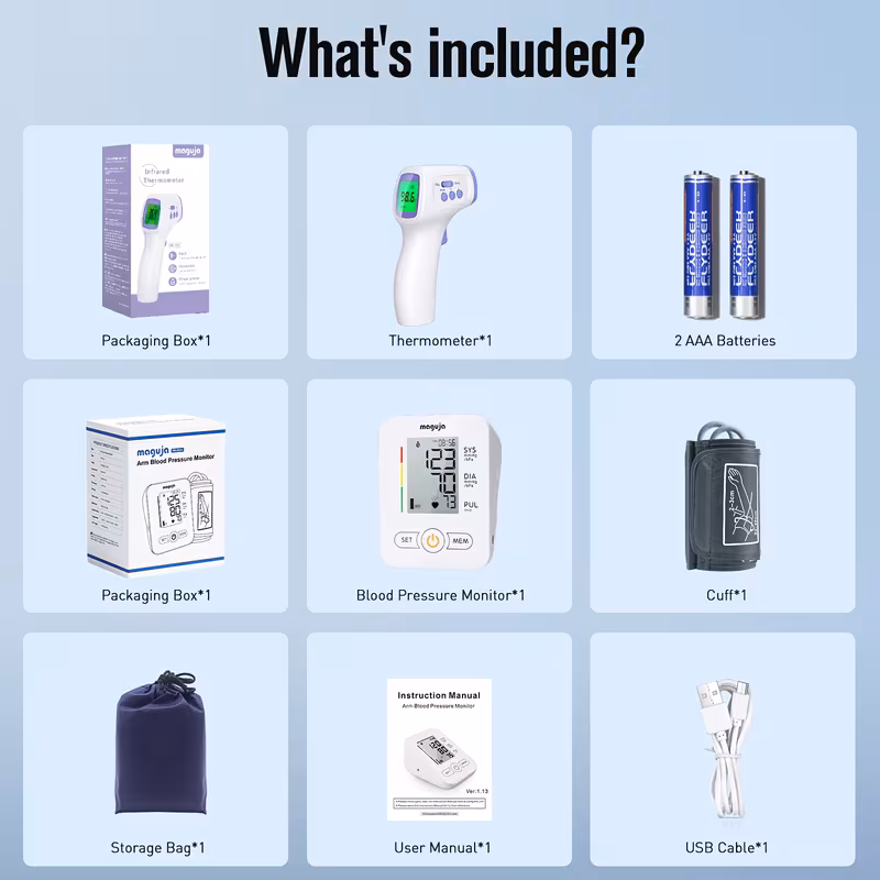 2 in 1 device for measuring blood pressure and forehead temperature featuring an automatic upper arm blood pressure monitor with a memory capacity of 2 60 readings an adjustable cuff size ranging from 8 66 to 16 54 inches Product details 6