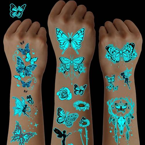 10 sheets blue luminous tattoos glow in the dark fairy flower rose pattern tattoo decoration at nightclub music events waterproof realistic lasting 2 5 days shoulder clavicle arm ankle body art