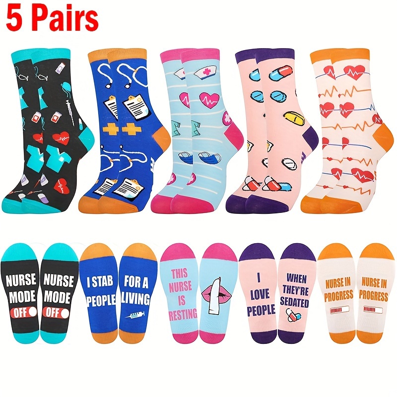

5 Pairs Of Unisex Cotton Fashion Novelty Socks, Funny Patterned Men Women Gift Socks For Nurse, For Outdoor Wearing & All Seasons Wearing