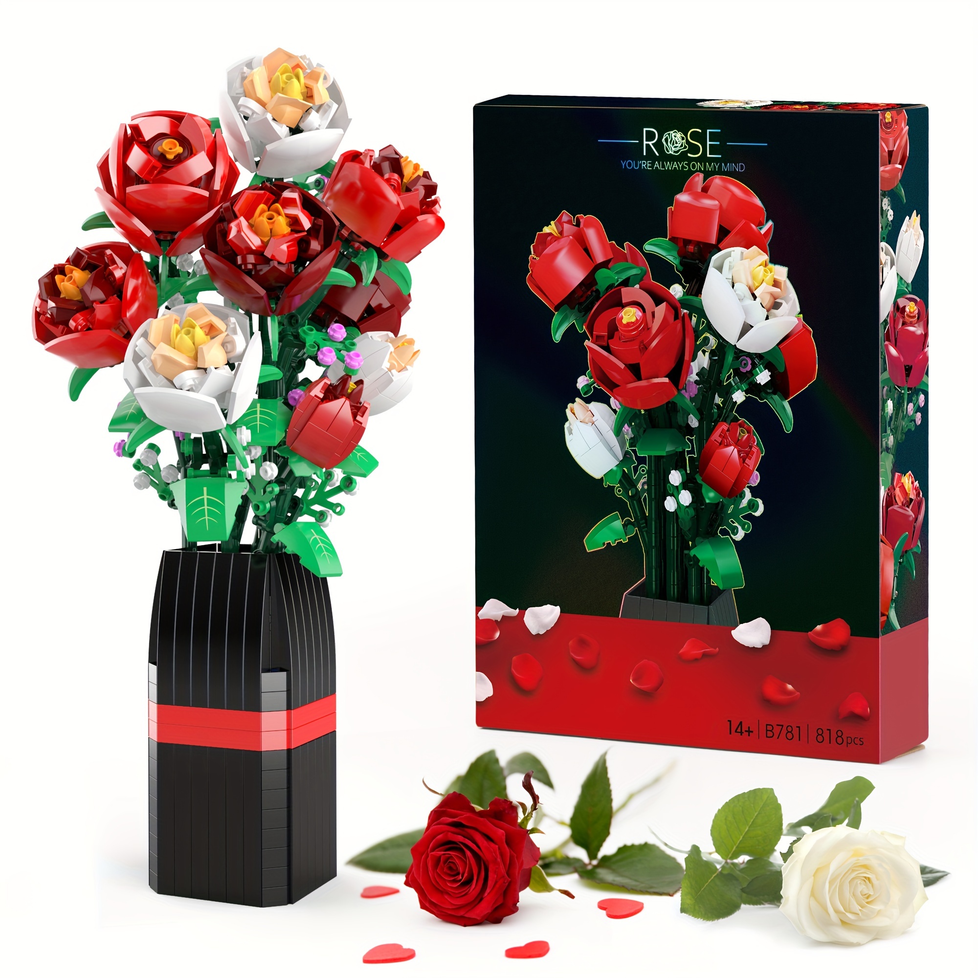 

Flowers Bouquet Building Set (818 Pcs) - Christmas, Mother's Day, Or Valentine's Gifts Ideal For Kids, Women, Girls And Boys, Roses Toy Building Set With Vase