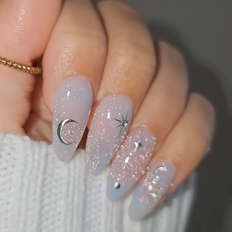 24pcs Light- Cat Eye Press-on Nails With Stars And Moon, Fresh Almond-shaped Nail Tips, Includes A Nail File And Jelly Glue