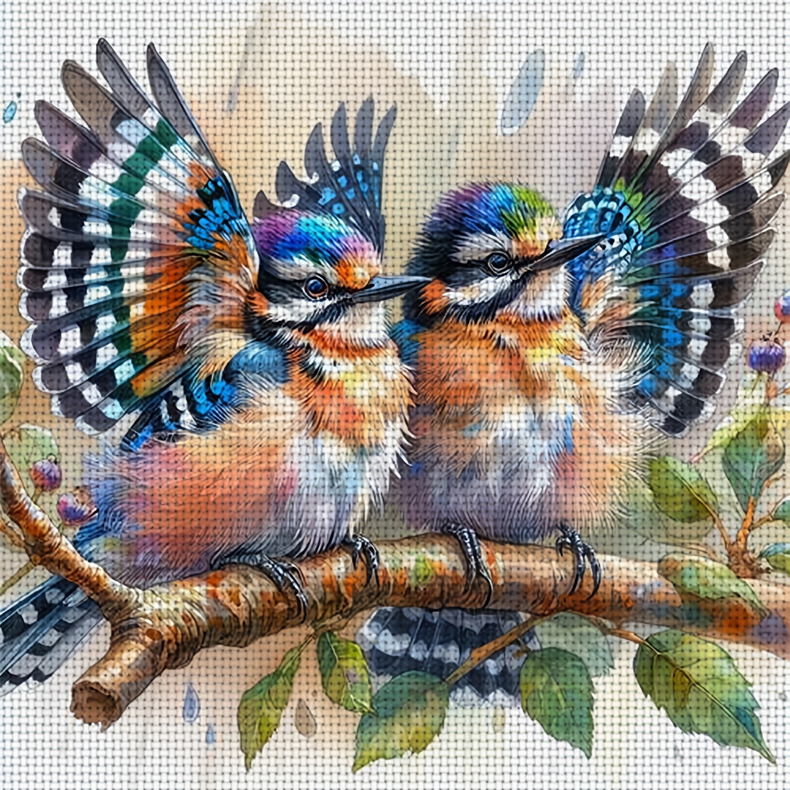 Cross Stitch Kit, Double Bird on Branch with Colorful Wings Pattern, Ideal for Beginners